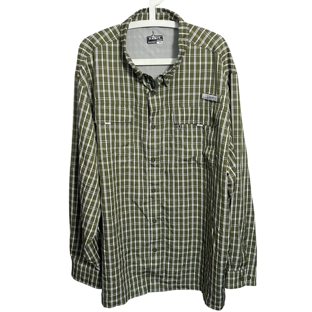 Habit Vented Fishing Shirt 3XL Green White Plaid Button Long Sleeve UV 40